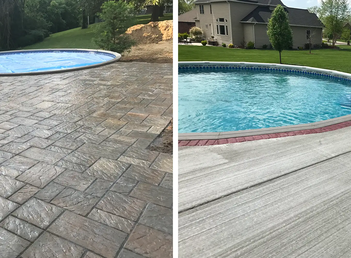 a split image with the left side being stamped concrete and the right side being brushed concrete edwardsville il