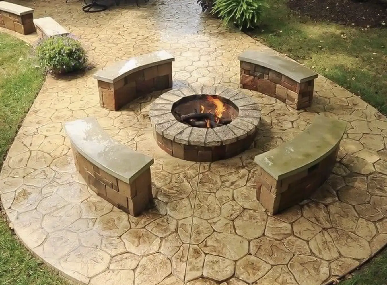 firepit, seatwalls, and stamped concrete patio hardscaping services alton illinois
